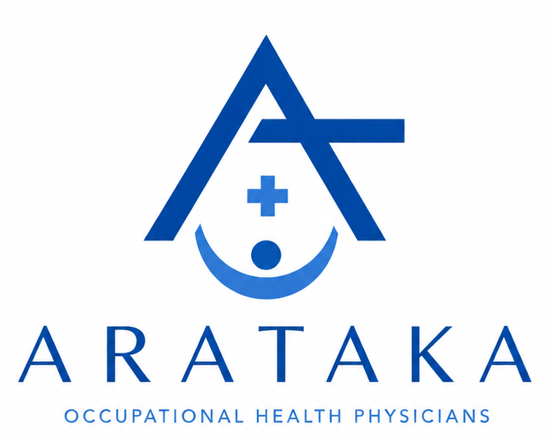 あらたか産業医事務所のロゴ。ARATAKAのAとT、医療クロス、人を支える曲線を組み合わせたブルーのロゴ。